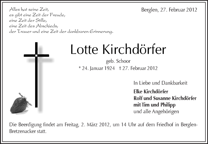  Traueranzeige für Lotte Kirchdörfer vom 28.02.2012 aus Kreiszeitung Waiblingen