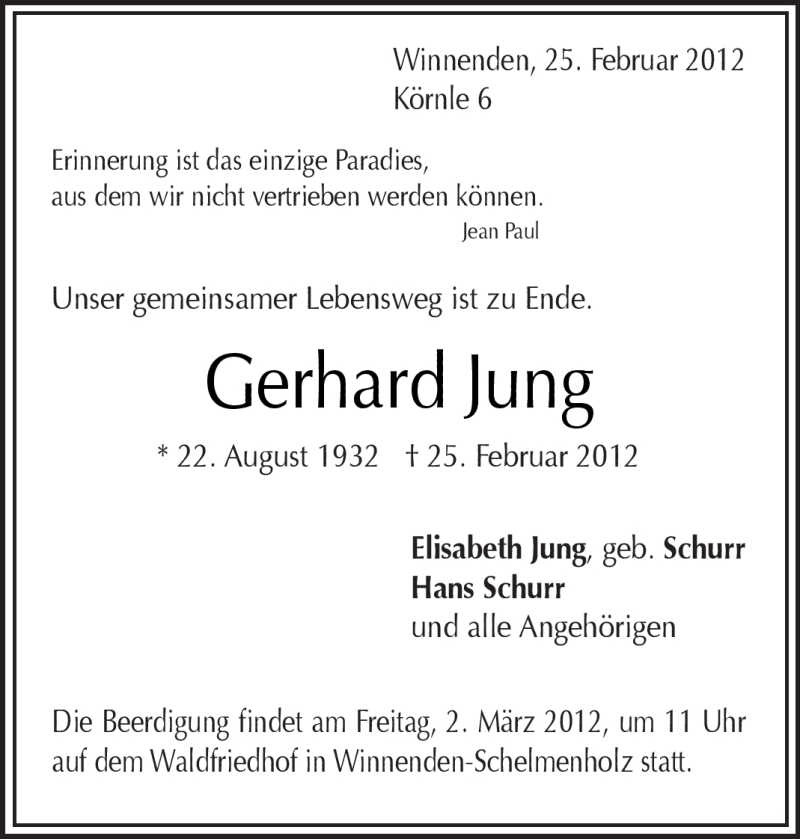  Traueranzeige für Gerhard Jung vom 29.02.2012 aus Kreiszeitung Waiblingen