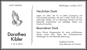 Traueranzeige von Dorotthea Kibler von Kreiszeitung Waiblingen