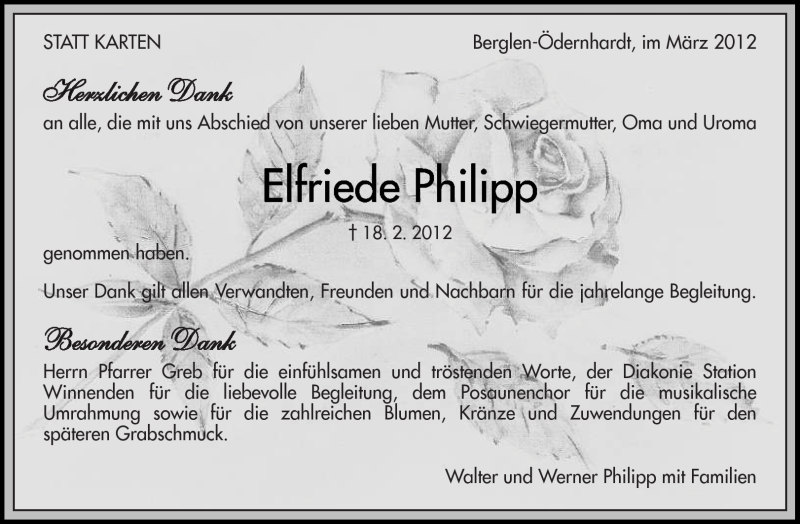  Traueranzeige für Elfriede Philipp vom 03.03.2012 aus Kreiszeitung Waiblingen