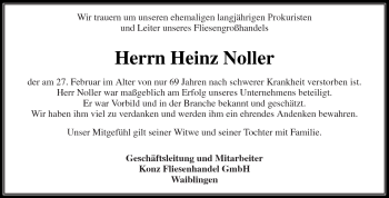 Traueranzeige von Heinz Noller von Kreiszeitung Waiblingen