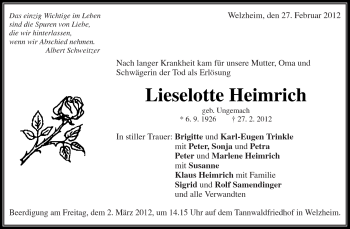 Traueranzeige von Lieselotte Heimrich von Kreiszeitung Waiblingen