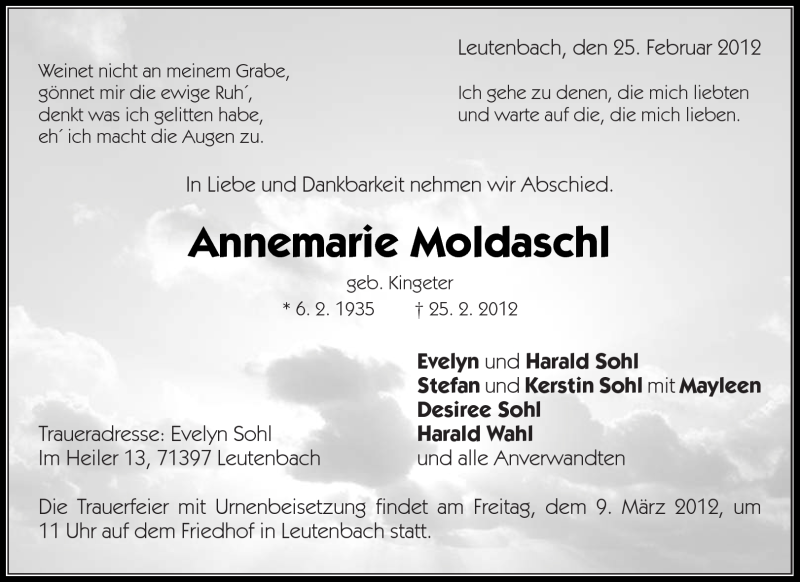  Traueranzeige für Annemarie Moldaschl vom 05.03.2012 aus Kreiszeitung Waiblingen