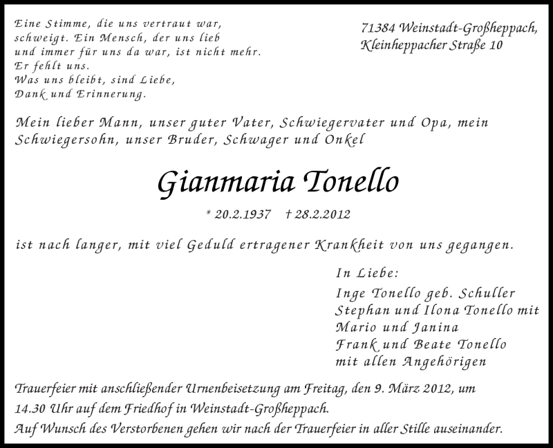  Traueranzeige für Gianmaria Tonello vom 05.03.2012 aus Kreiszeitung Waiblingen