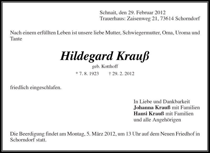  Traueranzeige für Hildegard Krauß vom 02.03.2012 aus Kreiszeitung Waiblingen
