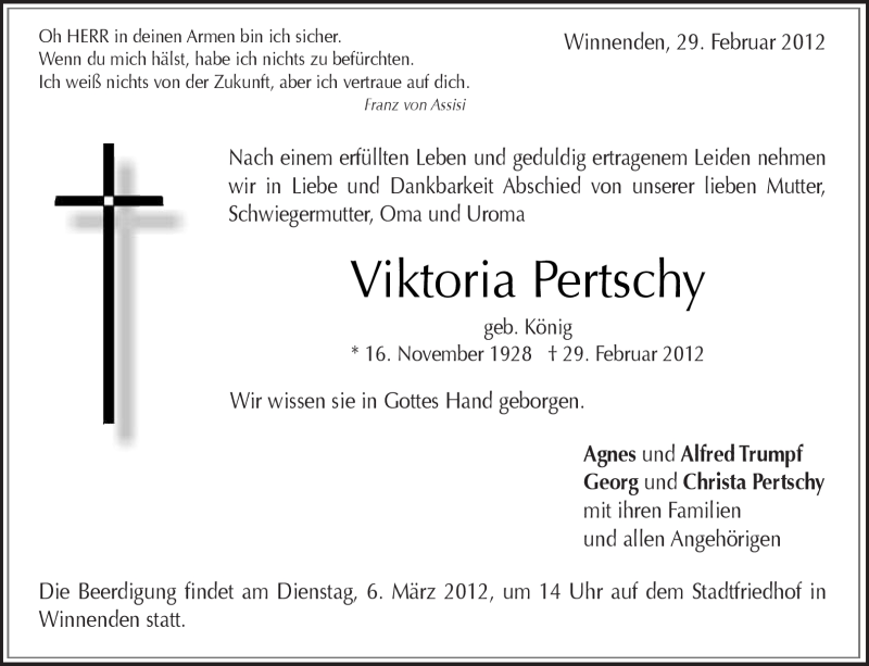  Traueranzeige für Viktoria Pertschy vom 02.03.2012 aus Kreiszeitung Waiblingen
