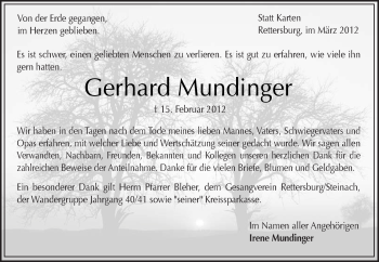 Traueranzeige von Gerhard Mundinger von Kreiszeitung Waiblingen
