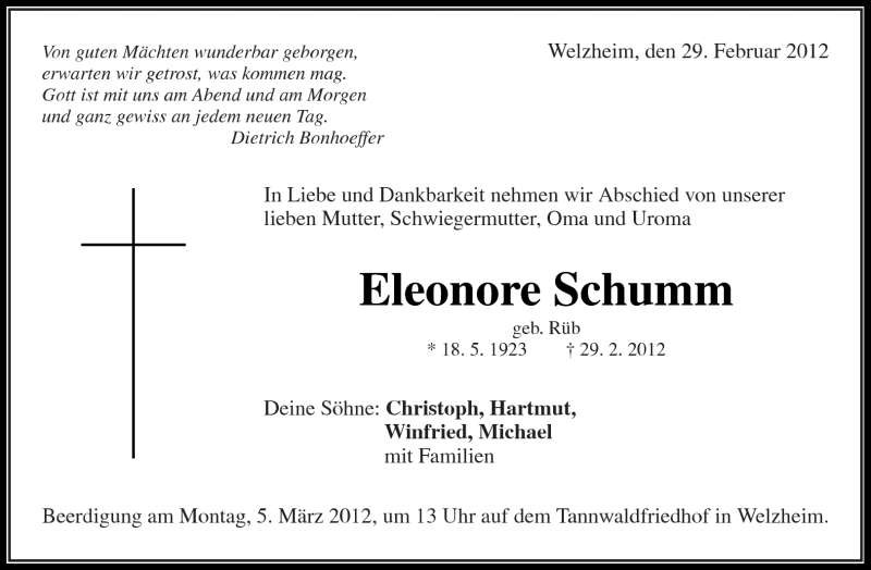  Traueranzeige für Eleonore Schumm vom 02.03.2012 aus Kreiszeitung Waiblingen