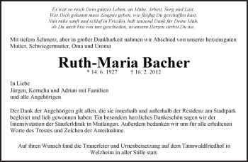 Traueranzeige von Ruth-Maria Bacher von Kreiszeitung Waiblingen