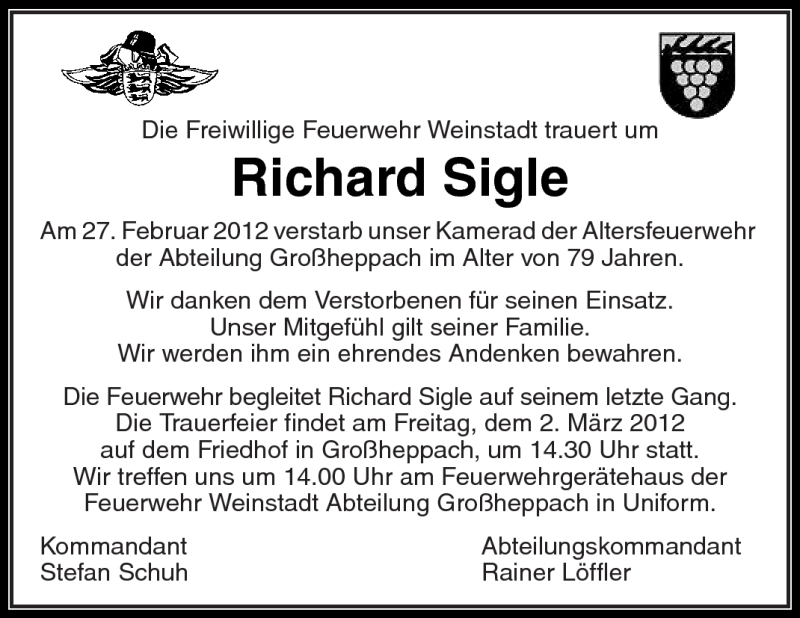  Traueranzeige für Richard Sigle vom 02.03.2012 aus Kreiszeitung Waiblingen