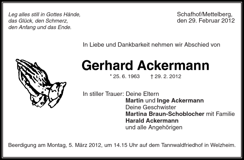  Traueranzeige für Gerhard Ackermann vom 02.03.2012 aus Kreiszeitung Waiblingen