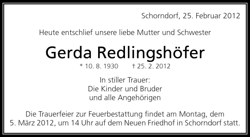  Traueranzeige für Gerda Redlingshöfer vom 03.03.2012 aus Kreiszeitung Waiblingen