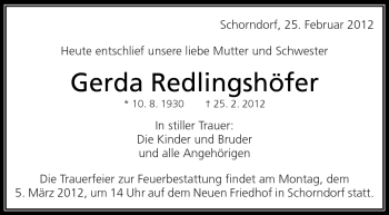 Traueranzeige von Gerda Redlingshöfer von Kreiszeitung Waiblingen