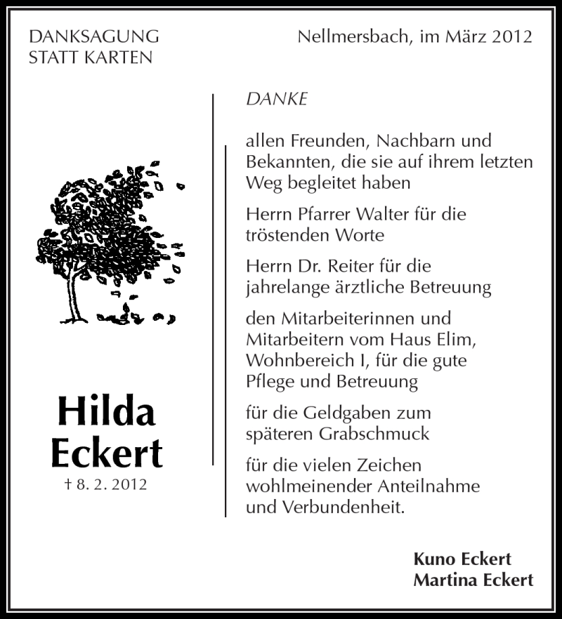  Traueranzeige für Hilda Eckert vom 03.03.2012 aus Kreiszeitung Waiblingen