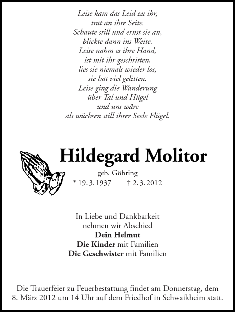  Traueranzeige für Hildegard Molitor vom 05.03.2012 aus Kreiszeitung Waiblingen