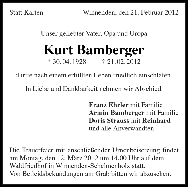  Traueranzeige für Kurt Bamberger vom 09.03.2012 aus Kreiszeitung Waiblingen