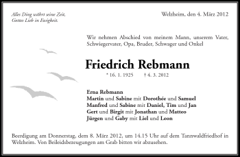 Traueranzeige von Friedrich Rebmann von Kreiszeitung Waiblingen