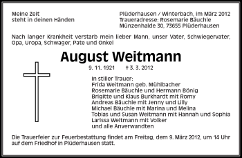 Traueranzeige von August Weitmann von Kreiszeitung Waiblingen
