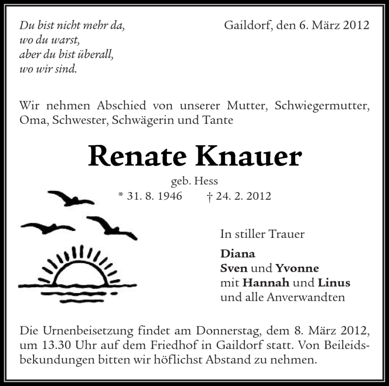  Traueranzeige für Renate Knauer vom 06.03.2012 aus Kreiszeitung Waiblingen