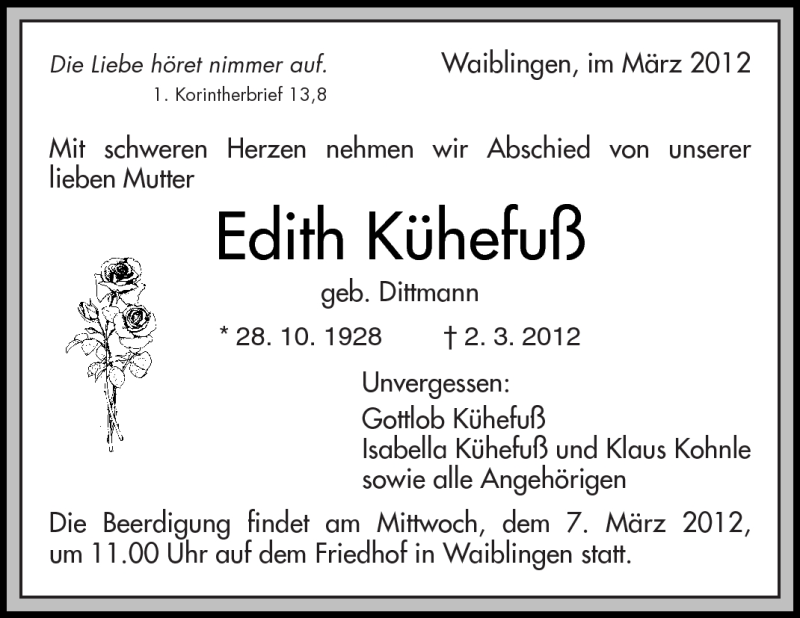  Traueranzeige für Edith Kühefuß vom 06.03.2012 aus Kreiszeitung Waiblingen