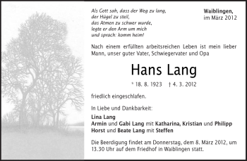 Traueranzeige von Hans Lang von Kreiszeitung Waiblingen