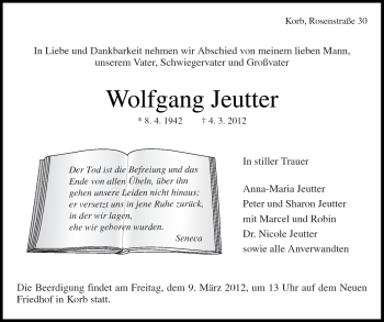 Traueranzeige von Wolfgang Jeutter von Kreiszeitung Waiblingen