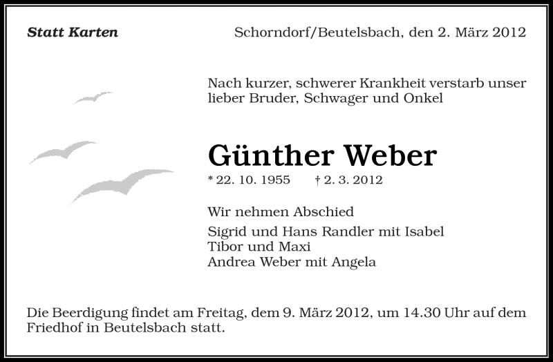  Traueranzeige für Günther Weber vom 07.03.2012 aus Kreiszeitung Waiblingen