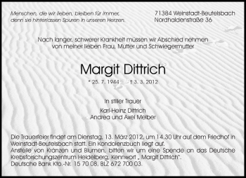 Traueranzeige von Margit Dittrich von Kreiszeitung Waiblingen