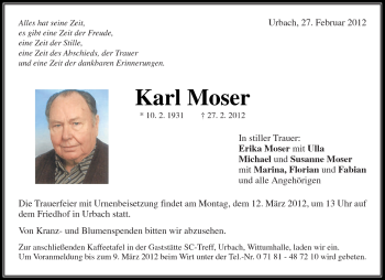 Traueranzeige von Karl Moser von Kreiszeitung Waiblingen