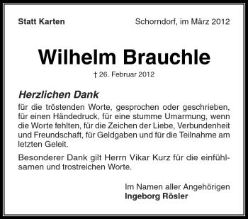 Traueranzeige von Wilhelm Brauchle von Kreiszeitung Waiblingen
