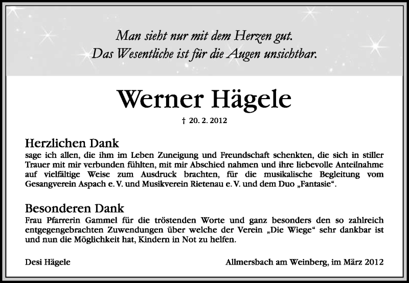 Traueranzeige für Werner Hägele vom 07.03.2012 aus Kreiszeitung Waiblingen