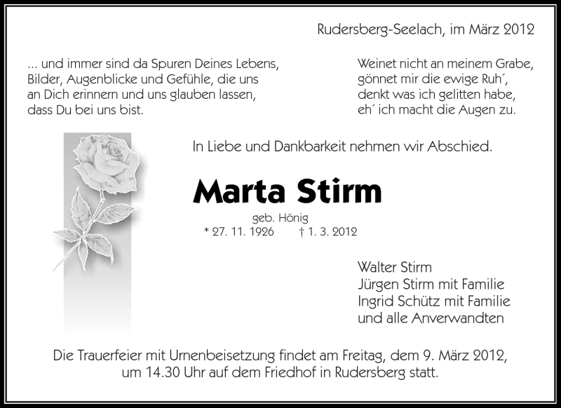  Traueranzeige für Marta Stirm vom 08.03.2012 aus Kreiszeitung Waiblingen