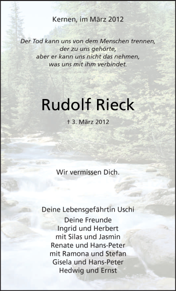 Traueranzeige von Rudolf Rieck von Kreiszeitung Waiblingen