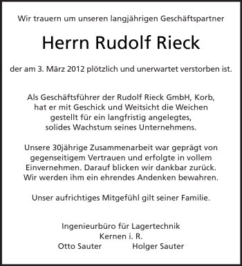Traueranzeige von Rudolf Rieck von Kreiszeitung Waiblingen