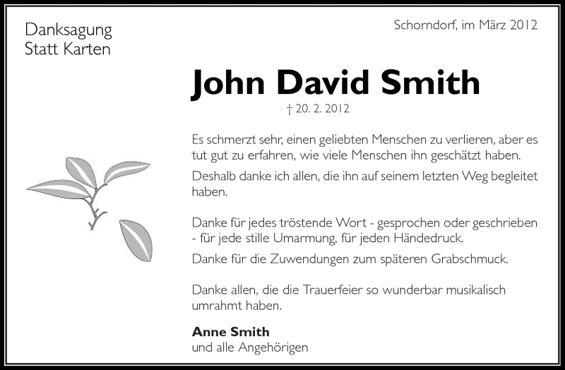  Traueranzeige für John David Smith vom 10.03.2012 aus Kreiszeitung Waiblingen