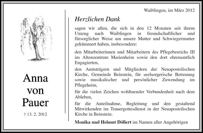 Traueranzeige für Anna von Pauer vom 10.03.2012 aus Kreiszeitung Waiblingen