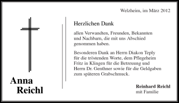 Traueranzeige von Anna Reichl von Kreiszeitung Waiblingen