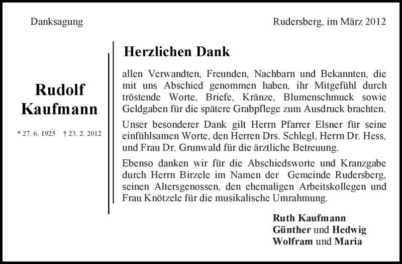  Traueranzeige für Rudolf Kaufmann vom 10.03.2012 aus Kreiszeitung Waiblingen