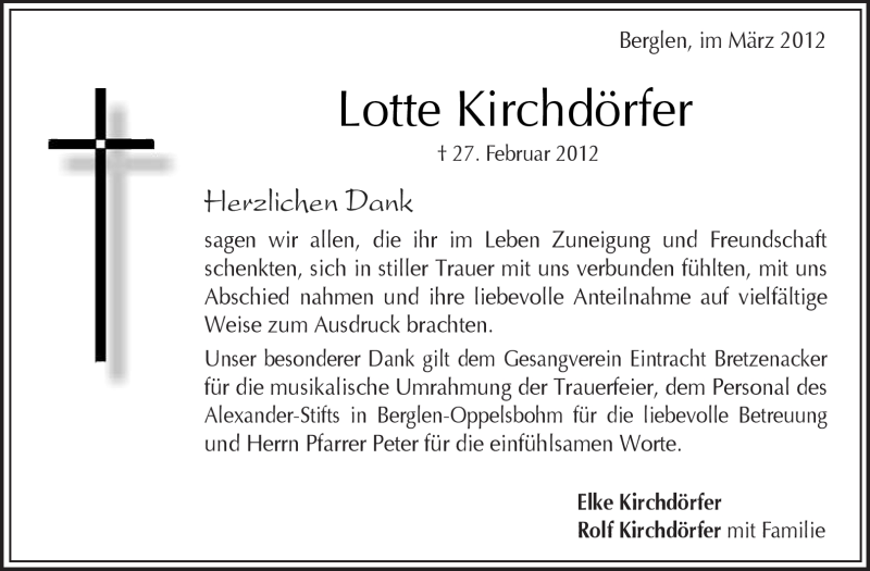  Traueranzeige für Lotte Kirchdörfer vom 13.03.2012 aus Kreiszeitung Waiblingen