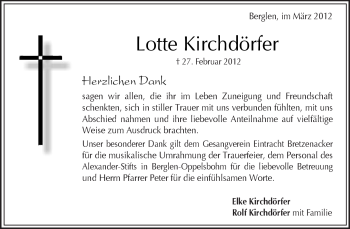 Traueranzeige von Lotte Kirchdörfer von Kreiszeitung Waiblingen