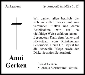 Traueranzeige von Anni Gerken von Kreiszeitung Waiblingen