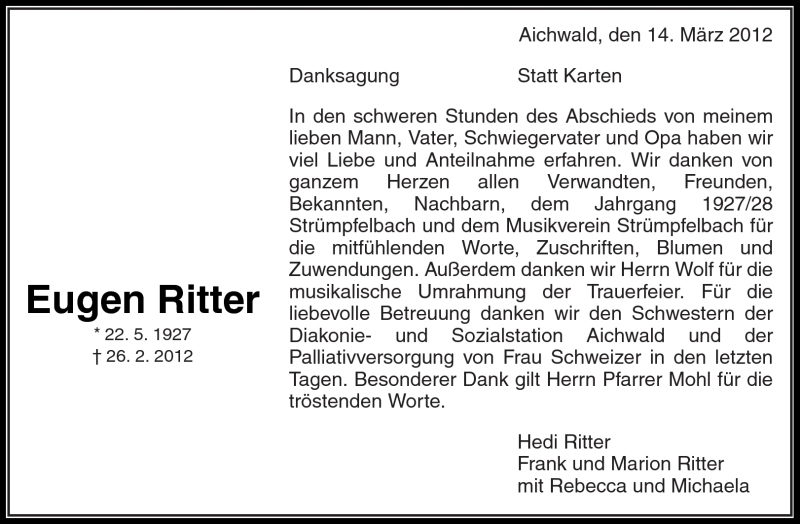 Traueranzeige für Eugen Ritter vom 14.03.2012 aus Kreiszeitung Waiblingen