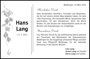 Traueranzeige von Hans Lang von Kreiszeitung Waiblingen