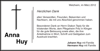Traueranzeige von Anna Huy von Kreiszeitung Waiblingen