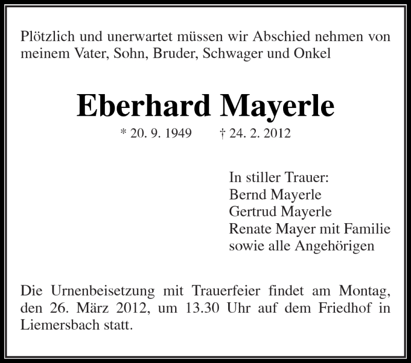  Traueranzeige für Eberhard Mayerle vom 23.03.2012 aus Kreiszeitung Waiblingen