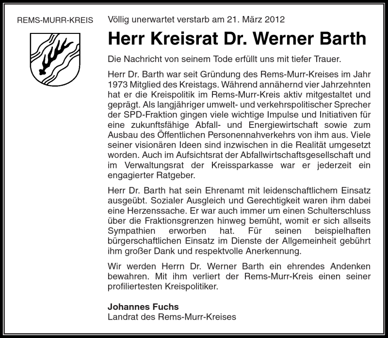 Traueranzeige für Dr. Werner Barth vom 24.03.2012 aus Kreiszeitung Waiblingen