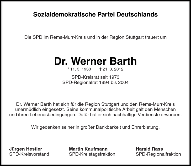  Traueranzeige für Dr. Werner Barth vom 24.03.2012 aus Kreiszeitung Waiblingen