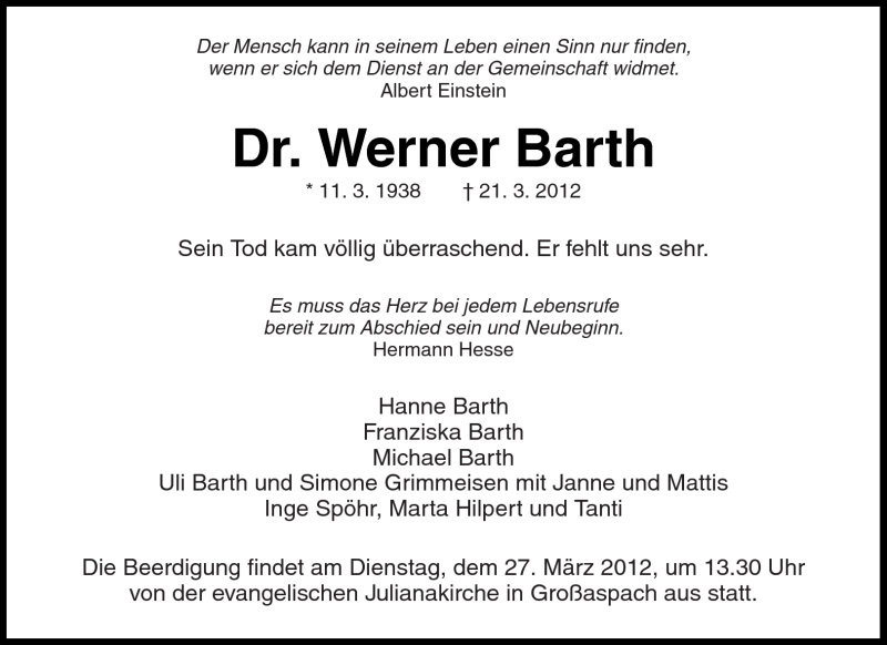  Traueranzeige für Dr. Werner Barth vom 24.03.2012 aus Kreiszeitung Waiblingen