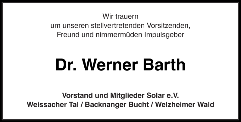  Traueranzeige für Dr. Werner Barth vom 24.03.2012 aus Kreiszeitung Waiblingen