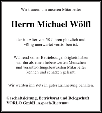 Traueranzeige von Michael Wölfl von Kreiszeitung Waiblingen